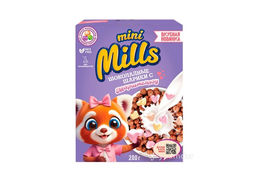 Шарики кукурузные шоколадные с маршмеллоу "Mini Mills" гфр-12кор-200г 2,4кг