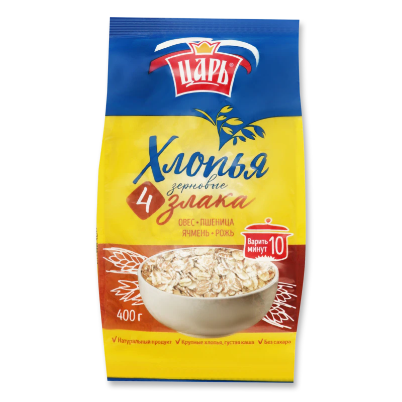 Хлопья из 4-х злаков "Царь" гфр-20пак-400г 8кг